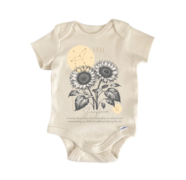 A beige baby onesie with a printed design of two sunflowers and the zodiac sign Leo.