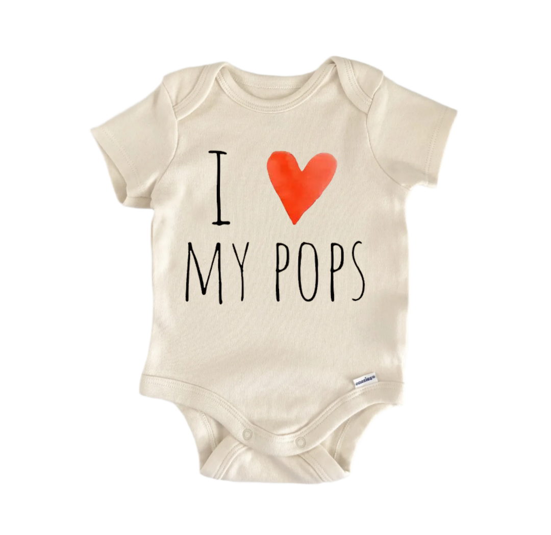 A beige baby onesie with the text "I ♥ MY POPS" printed on it, along with a red heart symbol.