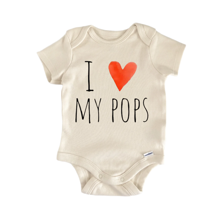 A beige baby onesie with the text "I ♥ MY POPS" printed on it, along with a red heart symbol.