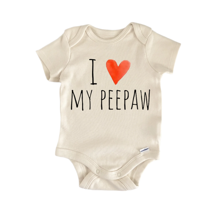 A beige baby onesie with the text "I ♥ MY PEPPAW" printed on it.