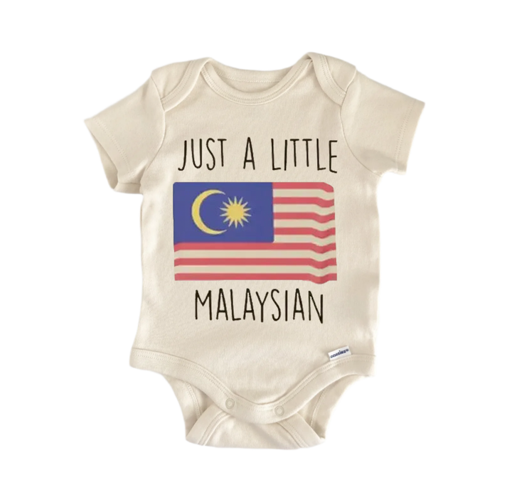 A beige baby onesie with the text "JUST A LITTLE MALAYSIAN" printed on it, along with the Malaysian flag.