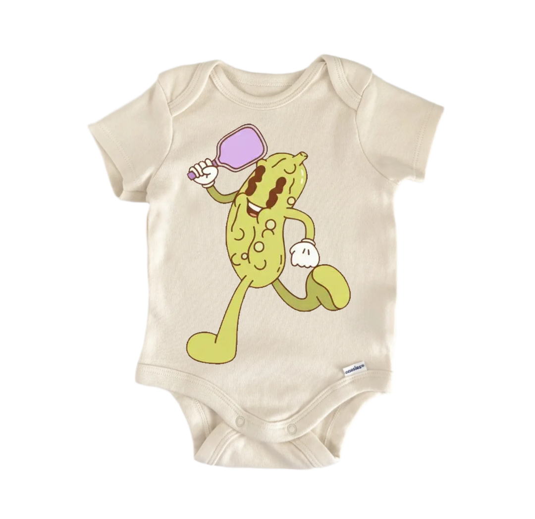 A baby onesie with a cartoon character printed on it.