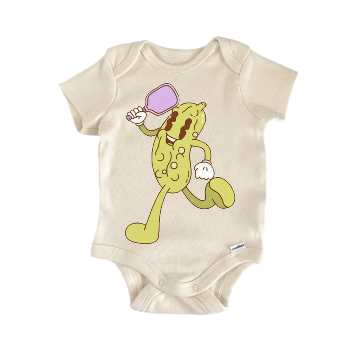 A baby onesie with a cartoon character printed on it.