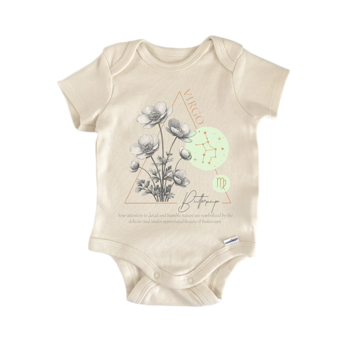 a baby onesie with a design related to the zodiac sign Virgo. The design includes a floral pattern and a symbol representing the zodiac sign.