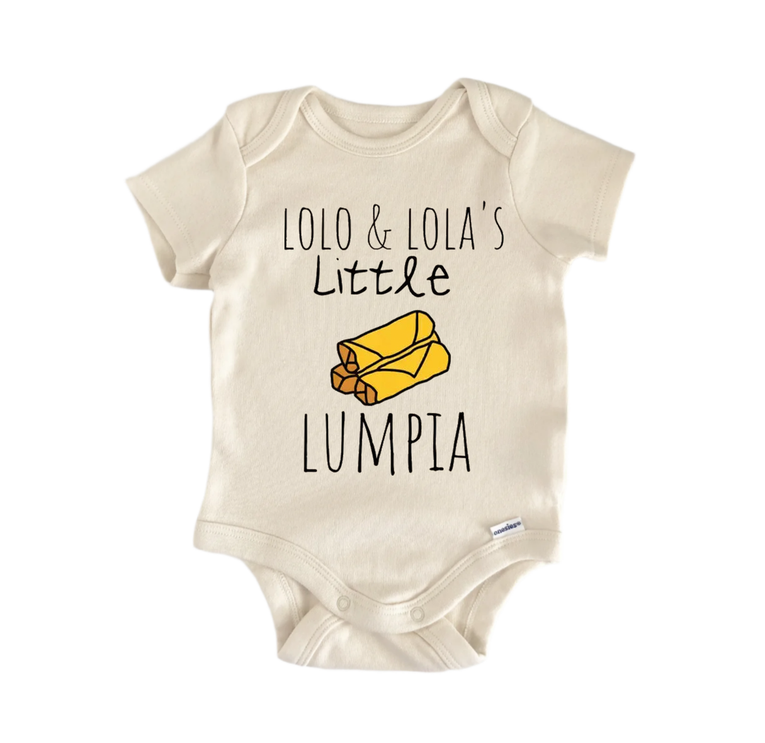 A beige baby onesie with the text "LOLO & LOLA'S LITTLE LUMPIA" printed on it.