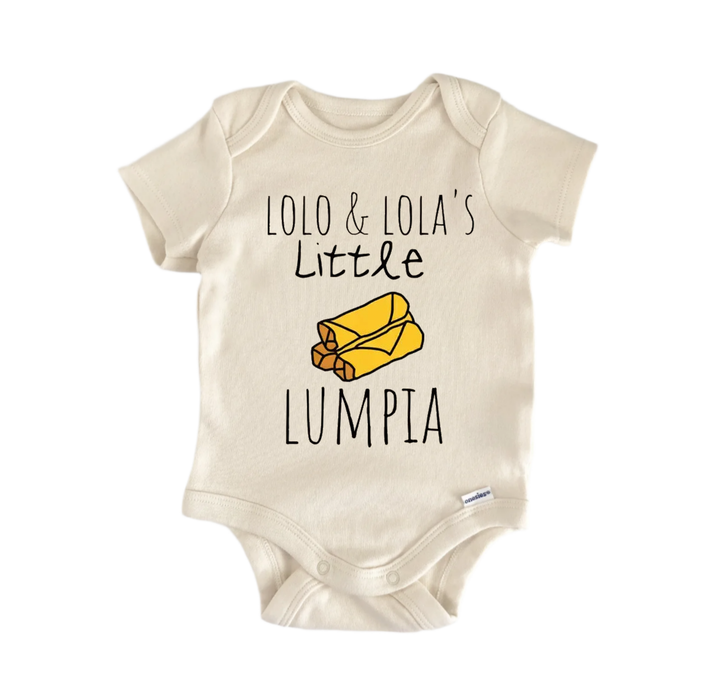 A beige baby onesie with the text "LOLO & LOLA'S LITTLE LUMPIA" printed on it.