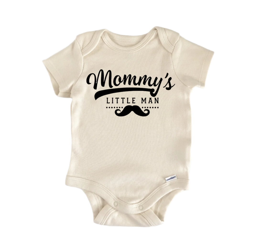 A beige baby onesie with the text "Mommy's little man" printed on it.
