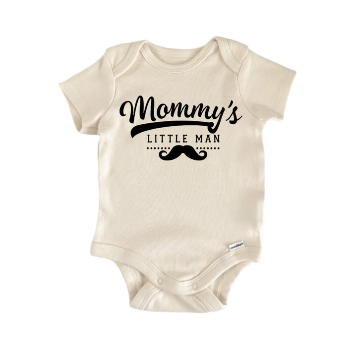 A beige baby onesie with the text "Mommy's little man" printed on it.