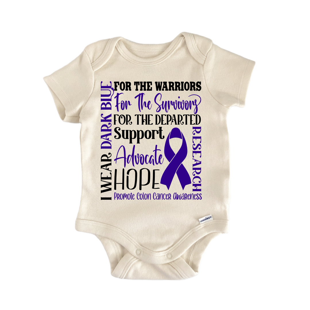 Colon Cancer Awareness Dark Blue Ribbon - Baby Bodysuit  Funny Cute Onesie® | North Fork Forager LLC