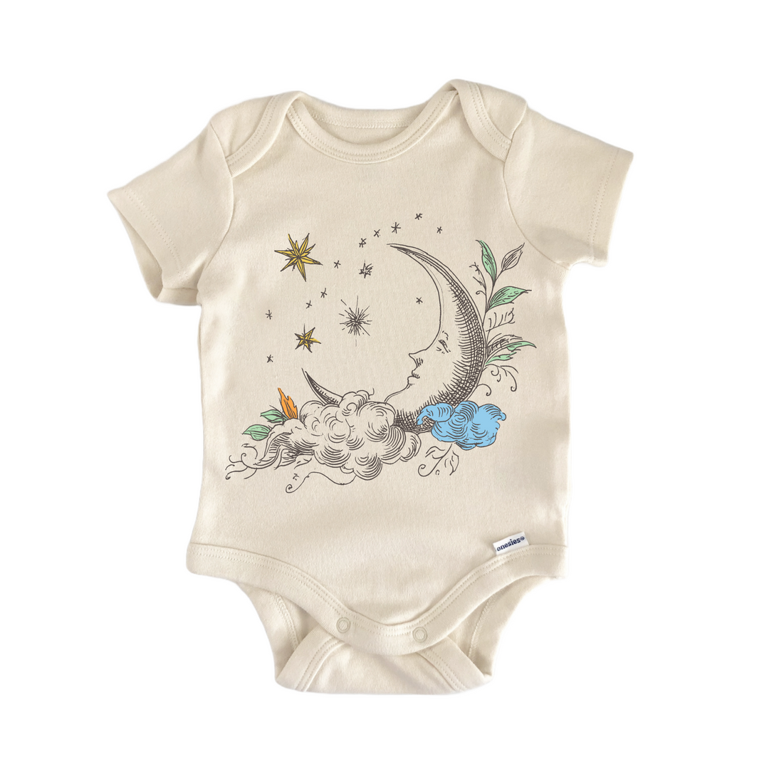 Cottagecore Moon Floral Stars - Baby Bodysuit  Funny Cute Onesie® | North Fork Forager LLC