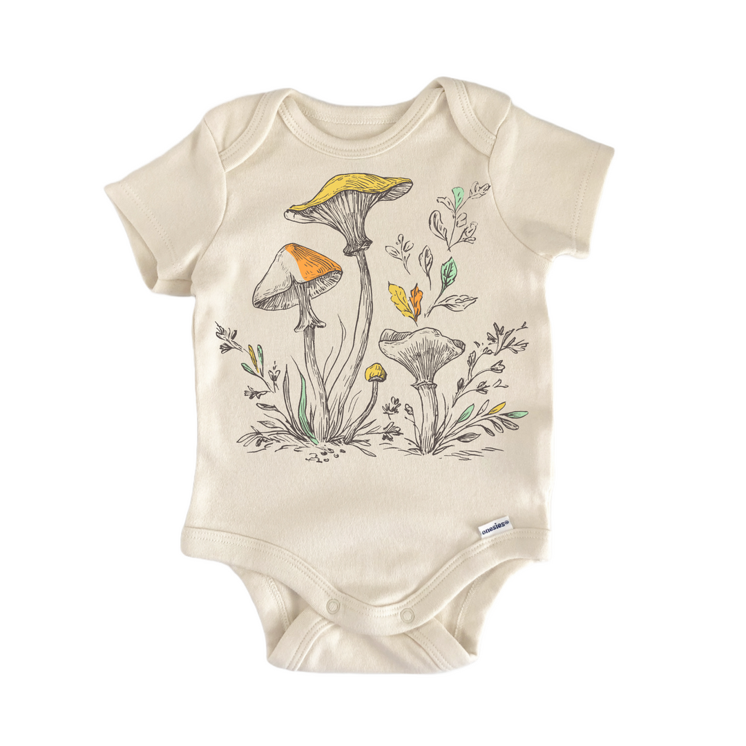 Cottagecore Mushroom Fungi Leaf - Baby Bodysuit  Funny Cute Onesie® | North Fork Forager LLC