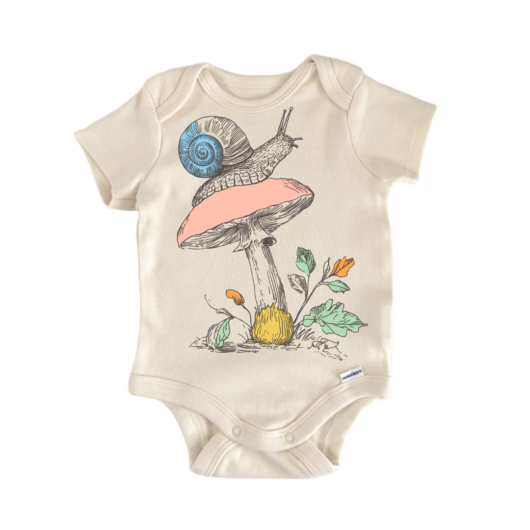 Cottagecore Snail Mushroom Floral - Baby Bodysuit  Funny Cute Onesie® | North Fork Forager LLC