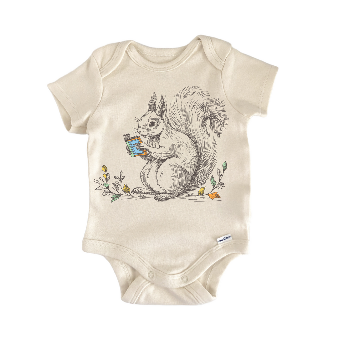 Cottagecore Squirrel Book Reader - Baby Bodysuit  Funny Cute Onesie® | North Fork Forager LLC