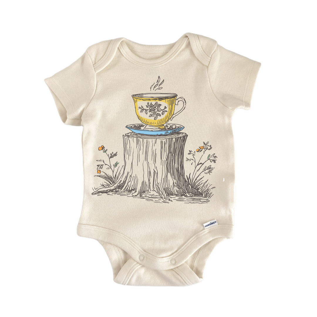 Cottagecore Tree Stump Floral Tea - Baby Bodysuit  Funny Cute Onesie® | North Fork Forager LLC