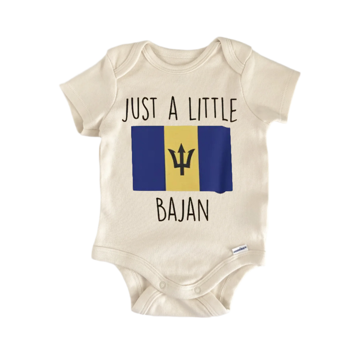 A baby onesie with the text "JUST A LITTLE BAJAN" printed on it, along with a graphic of the Barbican flag.