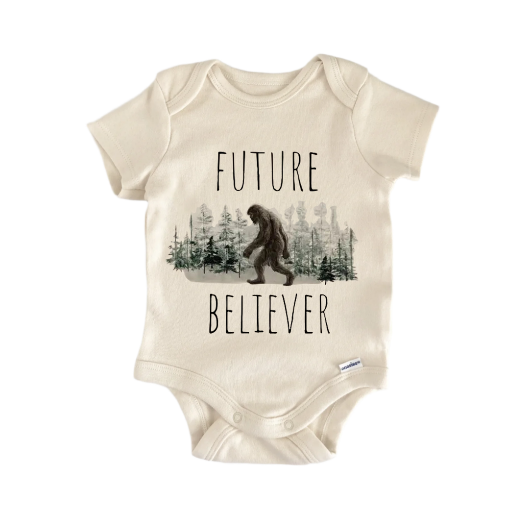 A baby onesie with a graphic of a Sasquatch and the text "FUTURE BELIEVER" printed on it.