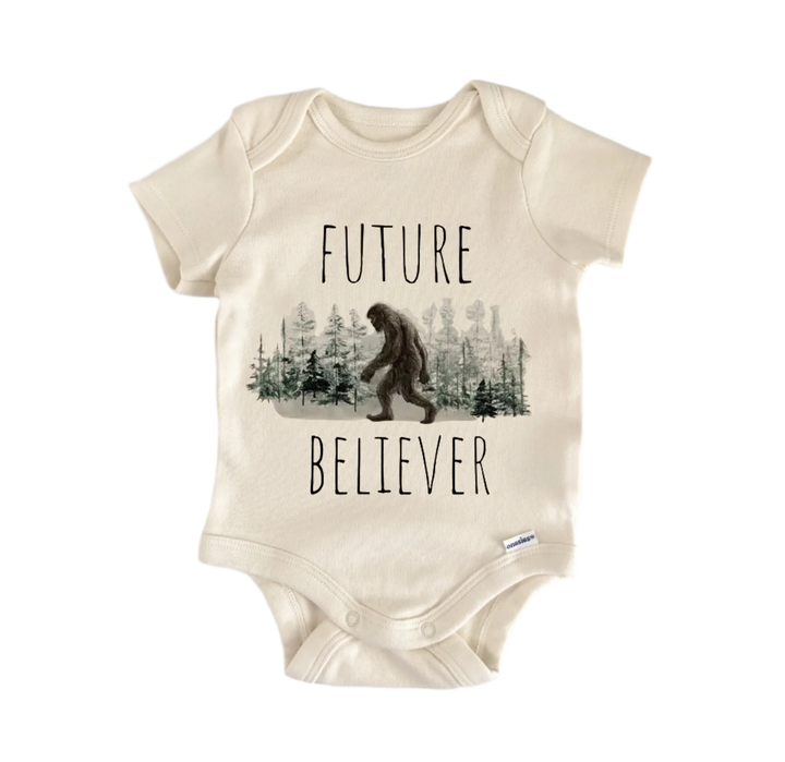 A baby onesie with a graphic of a Sasquatch and the text "FUTURE BELIEVER" printed on it.