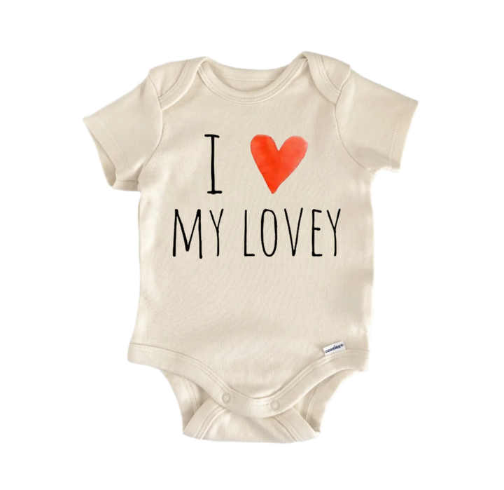 A beige baby onesie with the text "I ♥ MY LOVEY" printed on it.