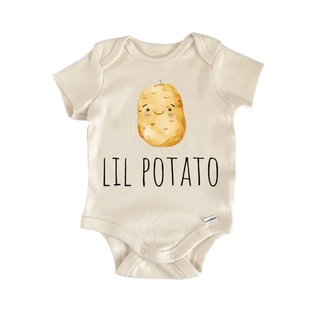 A beige baby onesie with a cartoon potato and the text "LIL POTATO" printed on it.