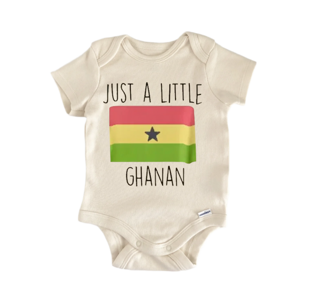 A baby onesie with the text "JUST A LITTLE GIANAN" printed on it, along with a graphic of the flag of Ghana.