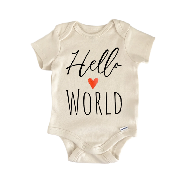 A beige baby onesie with the text "Hello WORLD" printed on it.