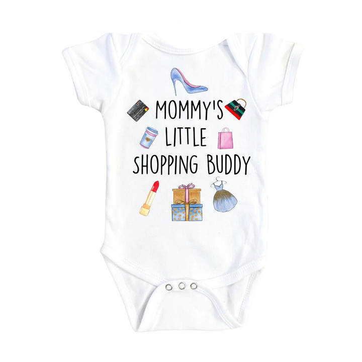 a white baby bodysuit with a picture of a shoe and other items on it