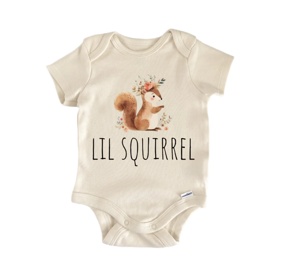 A beige baby onesie with a printed image of a squirrel and the text "LIL SQUIRREL" printed on it.