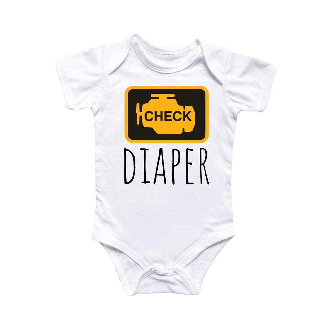 a white onesuit with the words check diaper on it