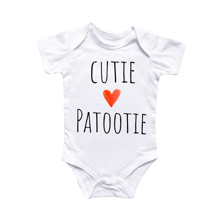 a white bodysuit with a red heart that says cutie patootie