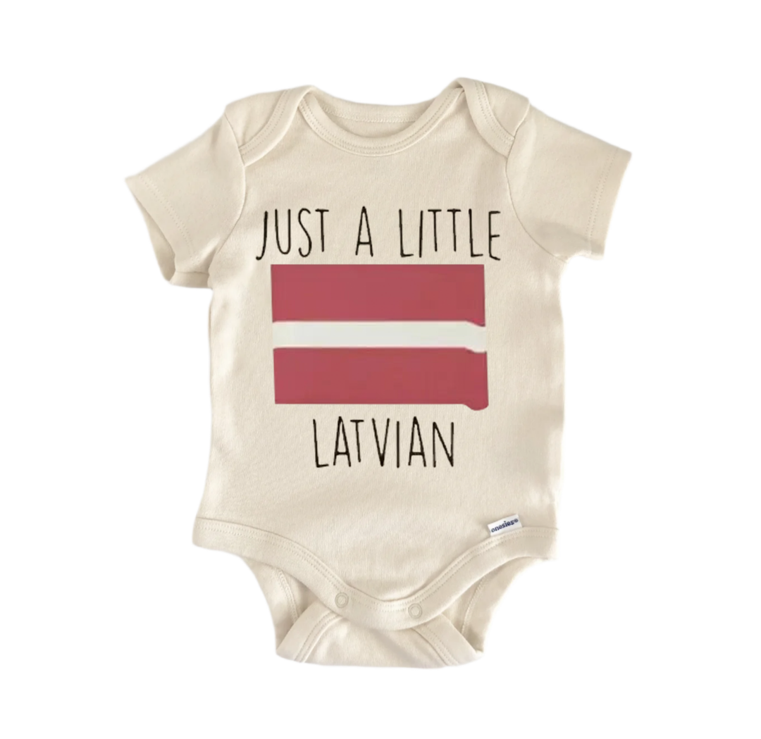 A beige baby onesie with the text "JUST A LITTLE LATVIAN" printed on it, along with a graphic of the Latvian flag.