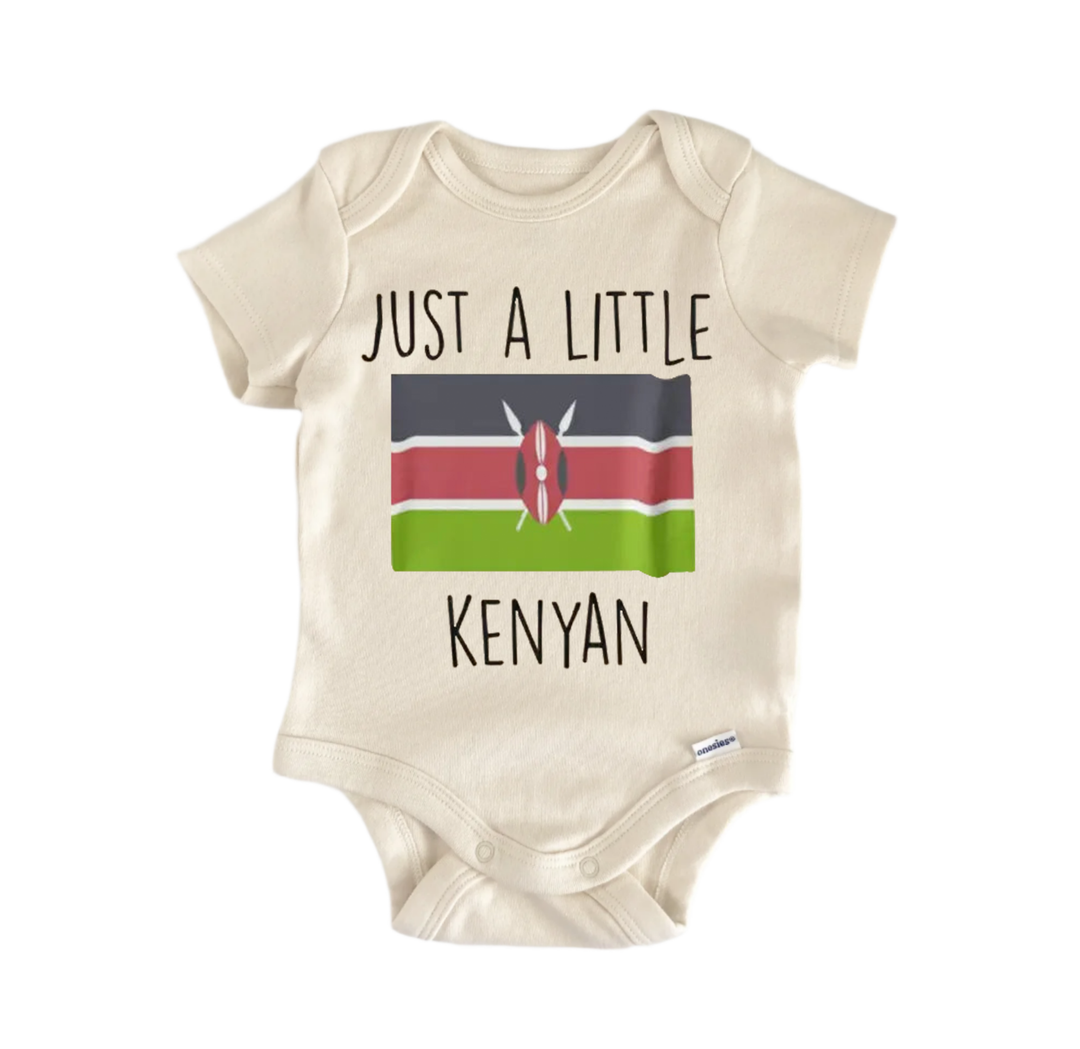 A baby onesie with the text "JUST A LITTLE KENYAAN" printed on it, along with a graphic of the Kenya flag.