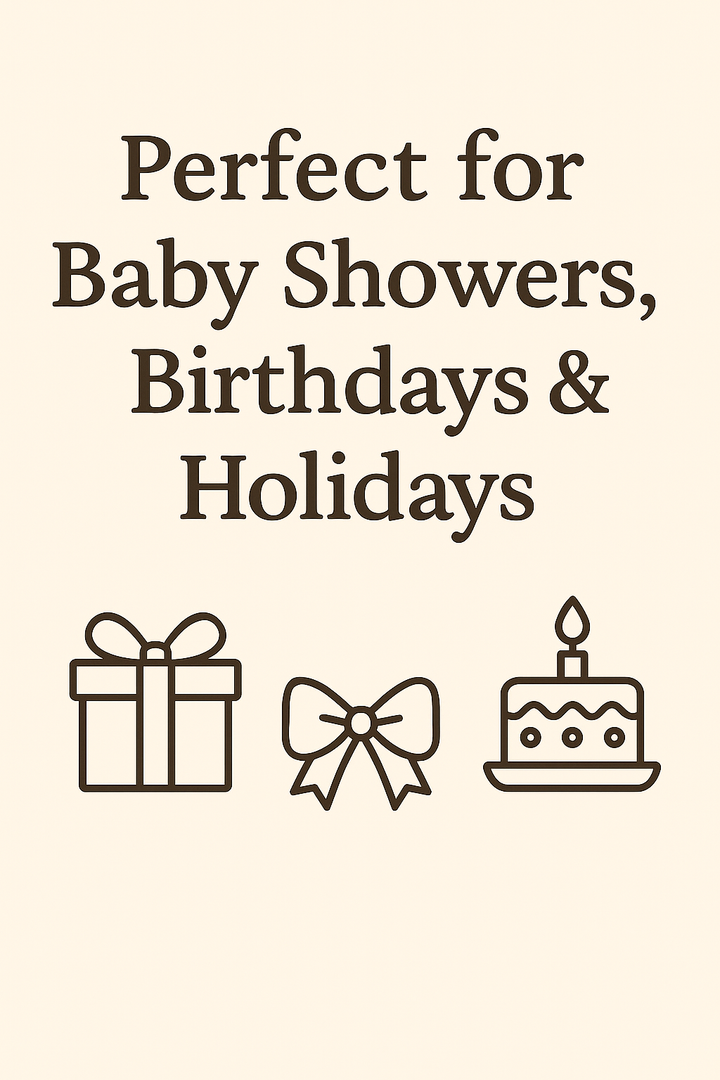 three simple icons representing a gift, a bow, and a cake, along with the text "Perfect for Baby Showers, Birthdays & Holidays".