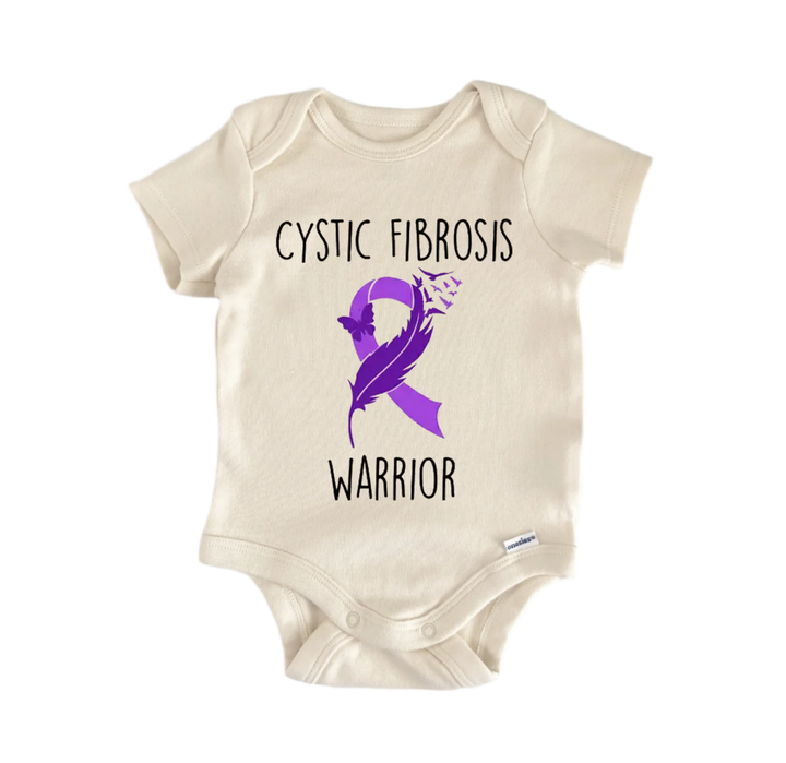 a baby onesie with a purple ribbon and the text "Cystic Fibrosis Warrior" printed on it.