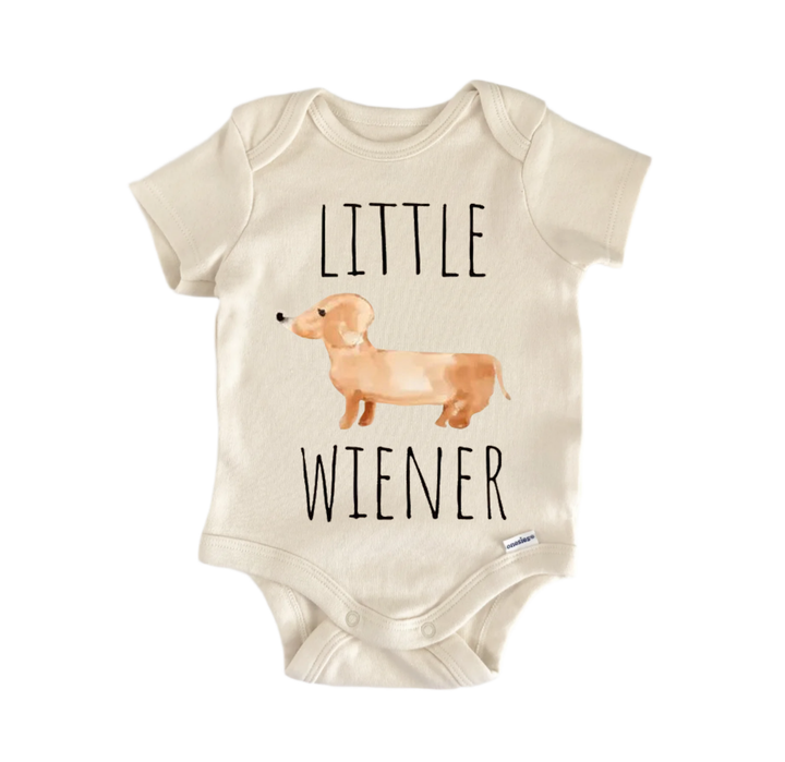 A baby onesie with a printed design of a dachshund dog and the text "LITTLE WIENER" printed on it.