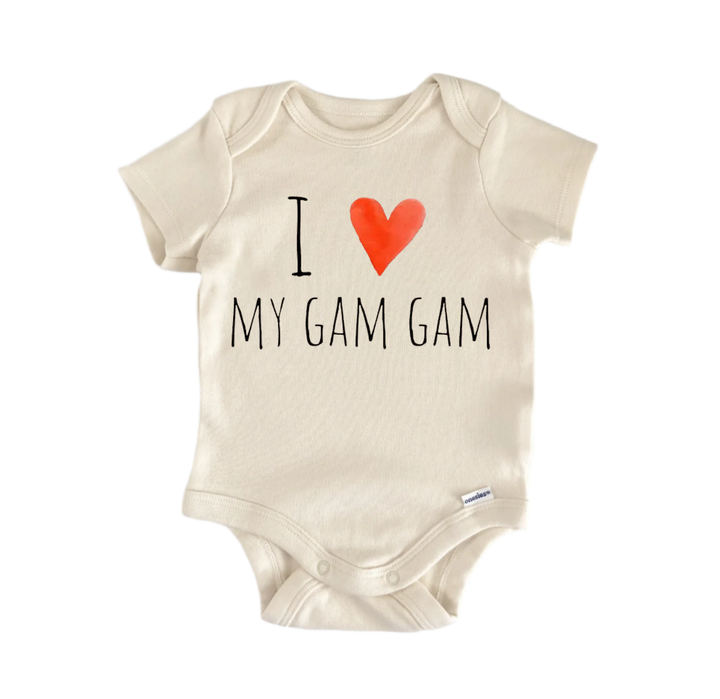 A beige baby onesie with the text "I ♥ MY GAM GAM" printed on it.