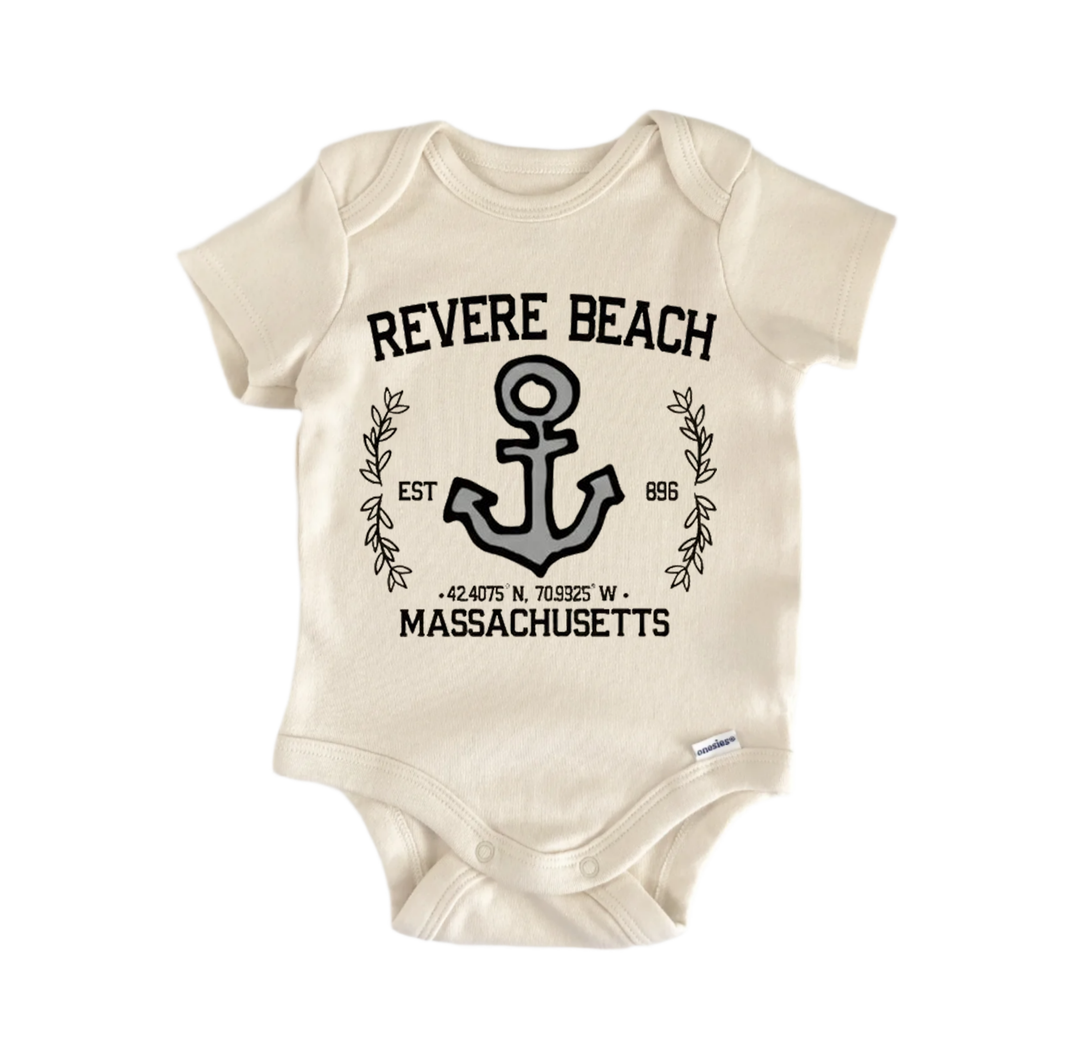 The image is a baby onesie with a graphic design featuring an anchor and text that reads "REVERE BEACH EST. 42-8775 N. 71035 W. MASSACHUSETTS".