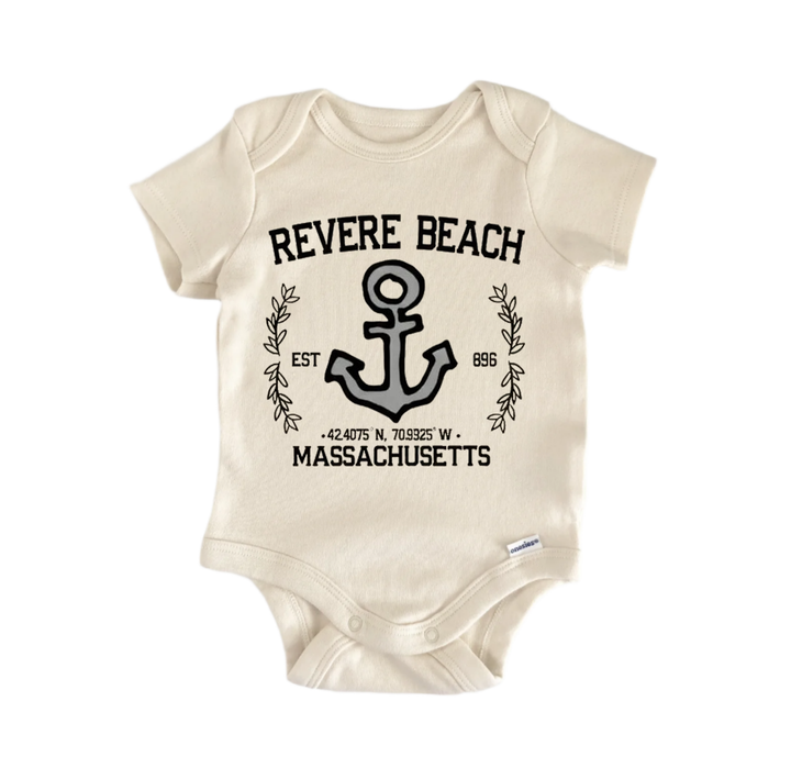 The image is a baby onesie with a graphic design featuring an anchor and text that reads "REVERE BEACH EST. 42-8775 N. 71035 W. MASSACHUSETTS".
