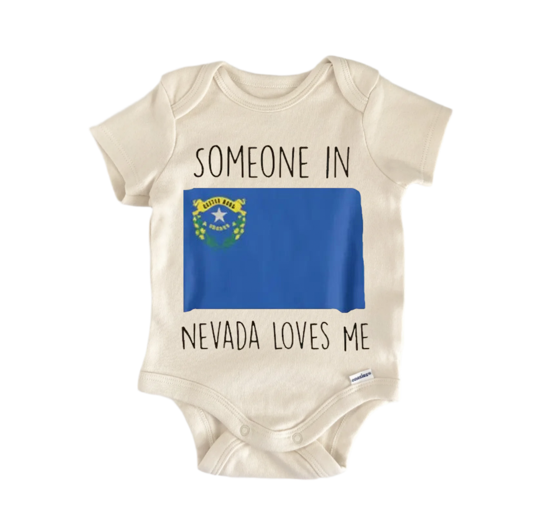 A baby onesie with the text "SOMEONE IN NEVADA LOVES ME" printed on it, along with a small graphic of the state flag of Nevada.