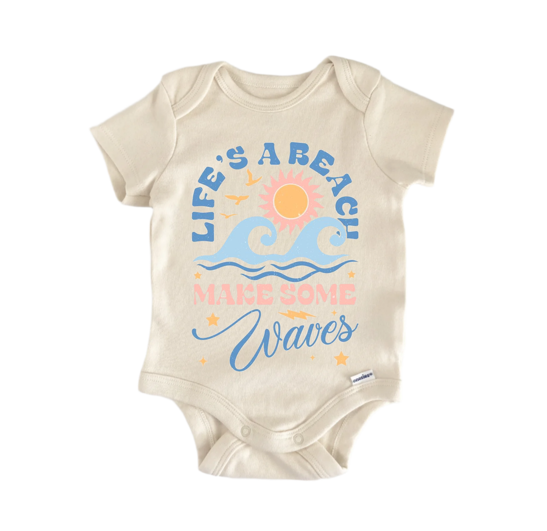 a baby onesie with a beach-themed design and text printed on it.
