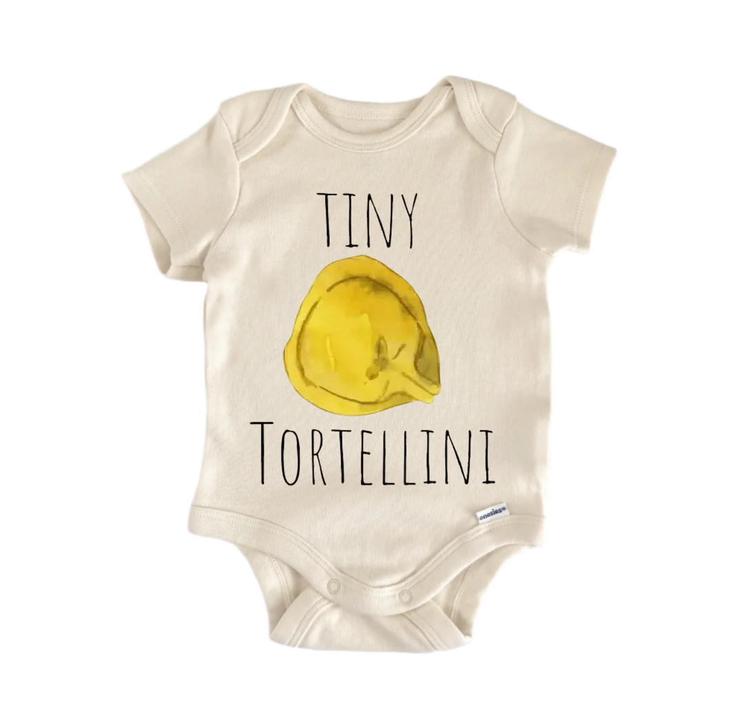 A baby onesie with the text "TINY TORTELLINI" printed on it, along with a yellow illustration of a tortellini.