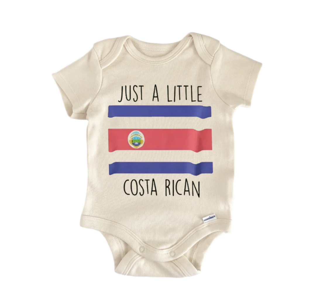 A beige baby onesie with the text "JUST A LITTLE COSTA RICAN" printed on it, along with a small image of the Costa Rican flag.