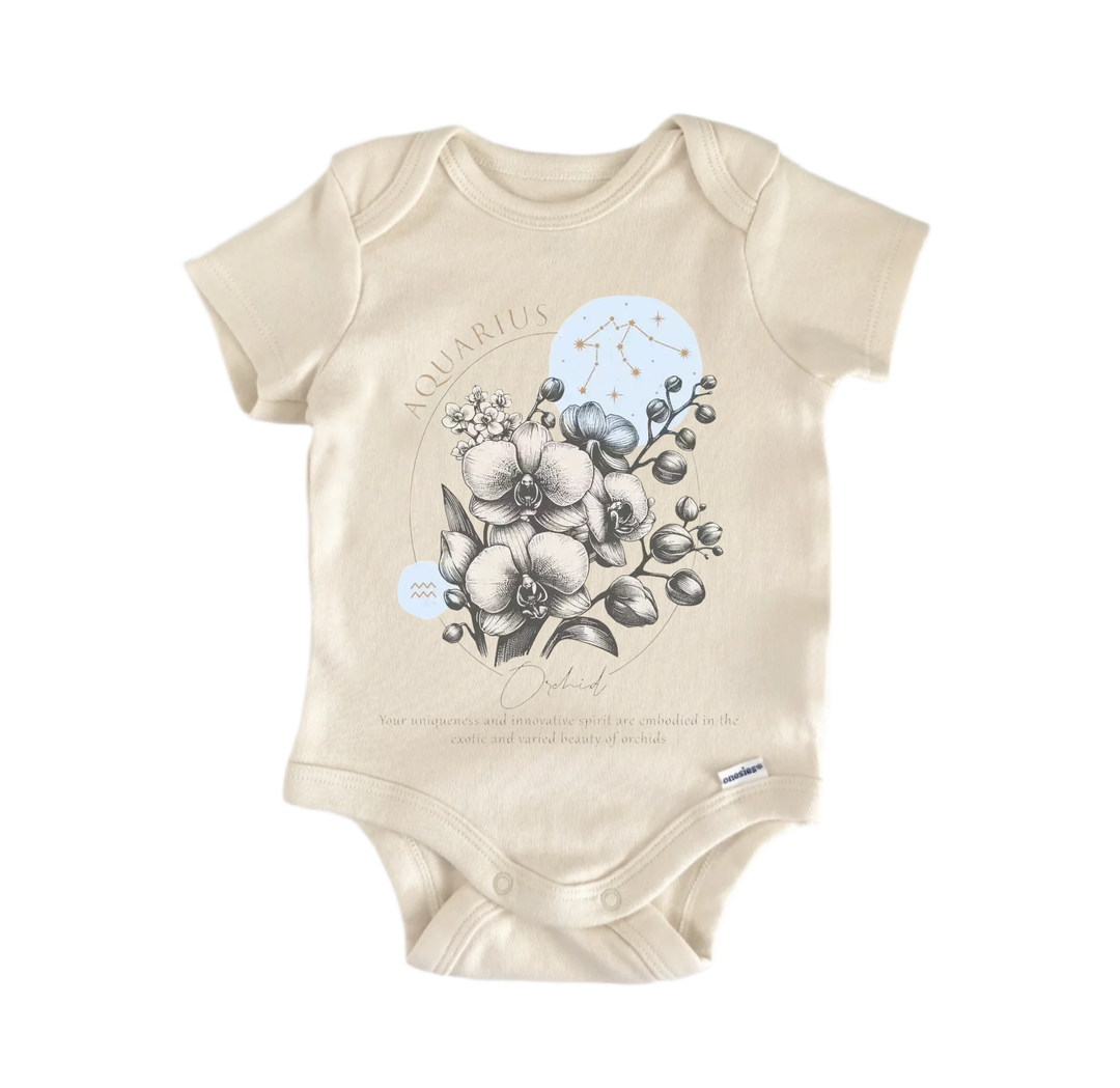 a beige baby onesie with a floral design and the text "Aquarius" printed on it.