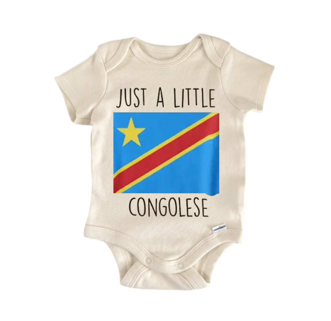 A beige baby onesie with a printed design of the flag of the Democratic Republic of Congo and the text "Just a little Congoese" printed on it.