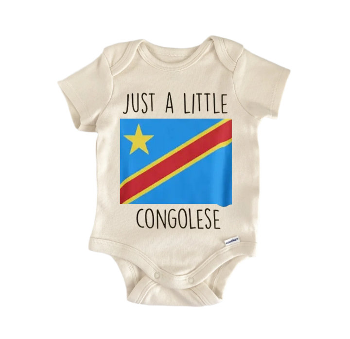 A beige baby onesie with a printed design of the flag of the Democratic Republic of Congo and the text "Just a little Congoese" printed on it.