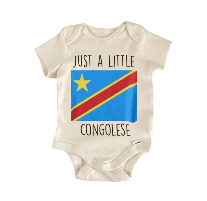 A beige baby onesie with a printed design of the flag of the Democratic Republic of Congo and the text "Just a little Congoese" printed on it.