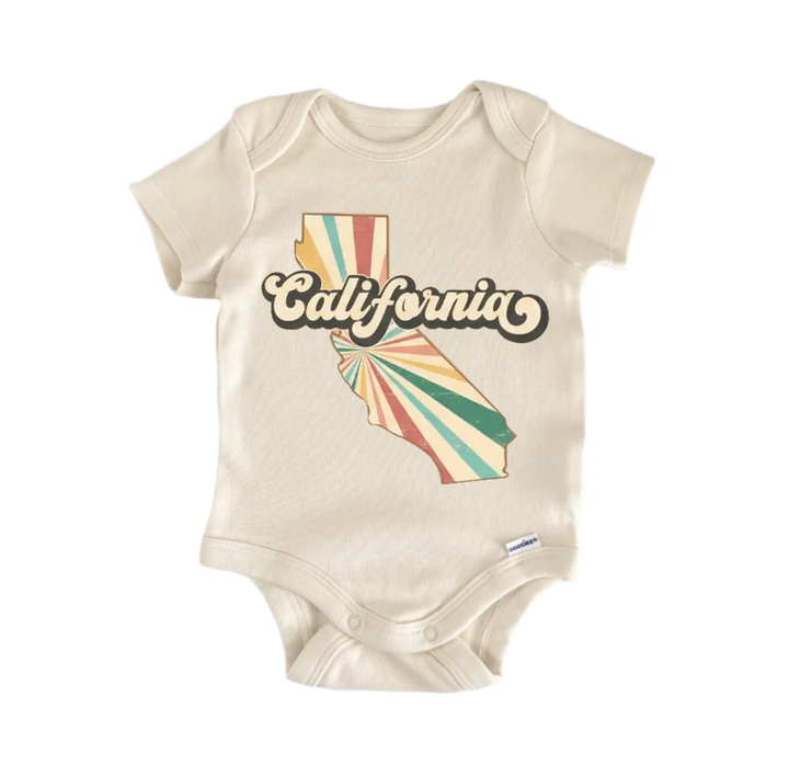 A beige baby onesie with a California state map design printed on it.