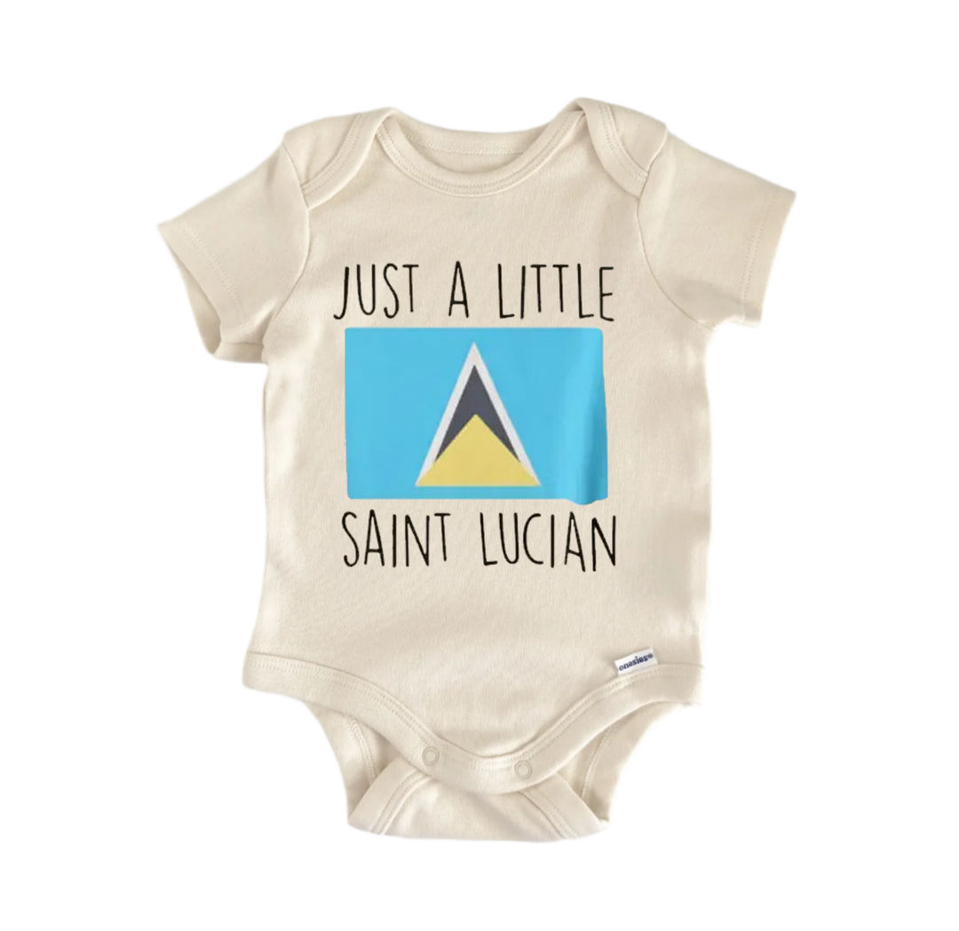 A beige baby onesie with a graphic of the Saint Lucia flag and the text "Just a little SAINT LUCIAN" printed on it.