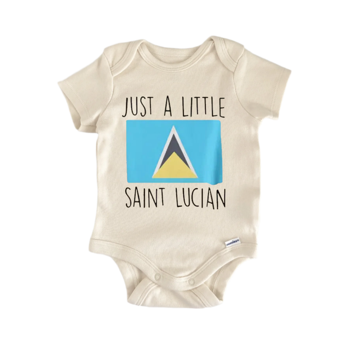 A beige baby onesie with a graphic of the Saint Lucia flag and the text "Just a little SAINT LUCIAN" printed on it.