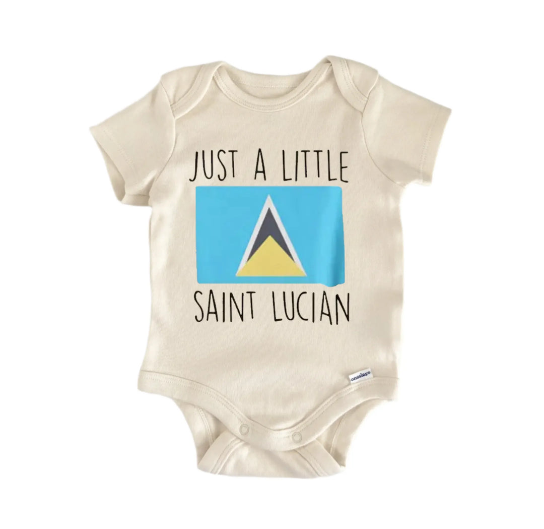 A beige baby onesie with a graphic of the Saint Lucia flag and the text "Just a little SAINT LUCIAN" printed on it.