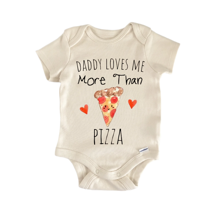 A baby onesie with the text "DADMY LOVES ME MORE THAN PIZZA" printed on it, along with an illustration of a slice of pizza.